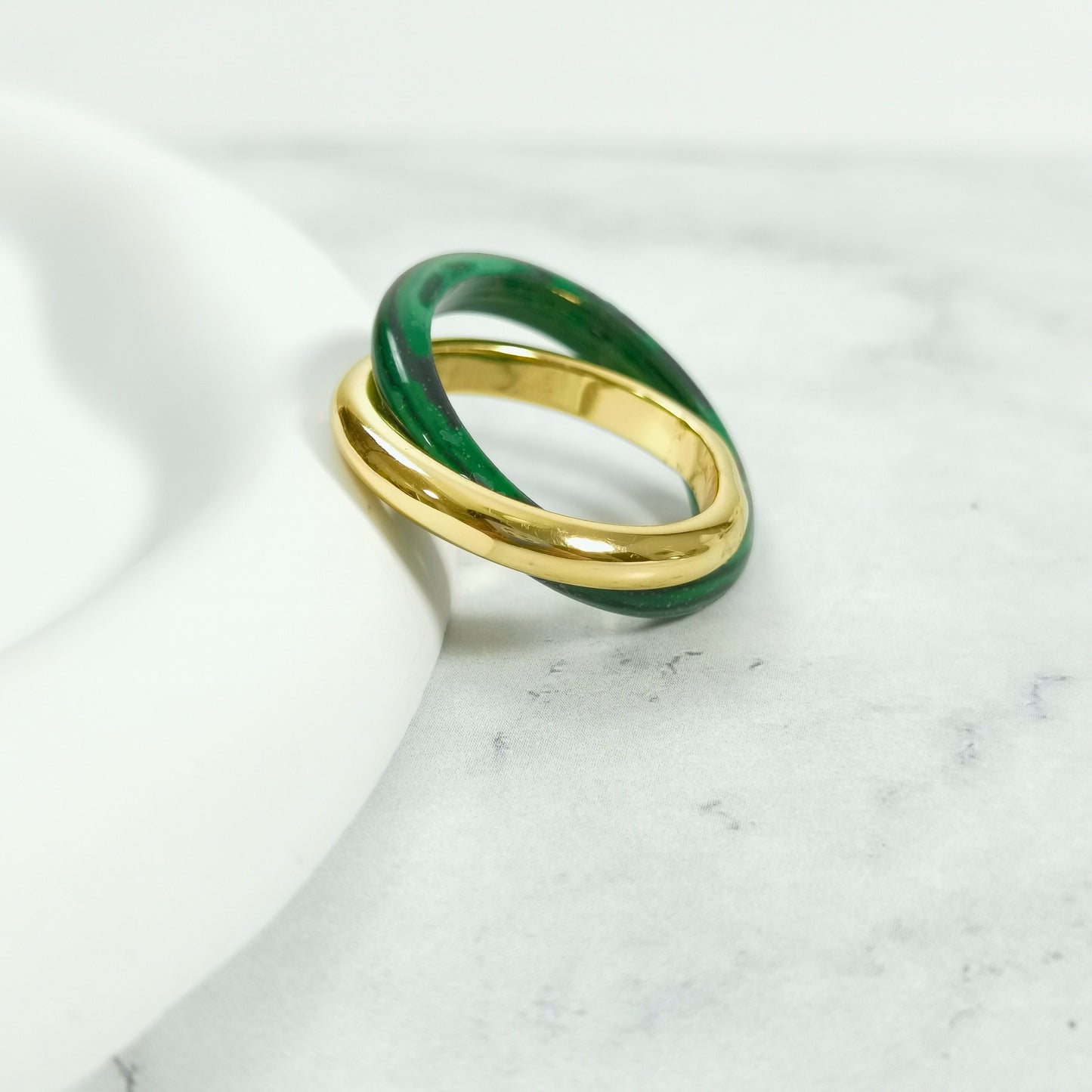 #34# 18k Gold Plated Twin Interlocking Rings In Malachite Stone